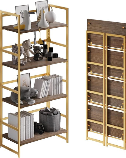 No-Assembly Folding Gold Bookshelf Storage Shelves 4 Tiers Vintage Multifunctional Plant Flower Stand Storage Rack Shelves Bookcase for Home Office - LeafyLoom