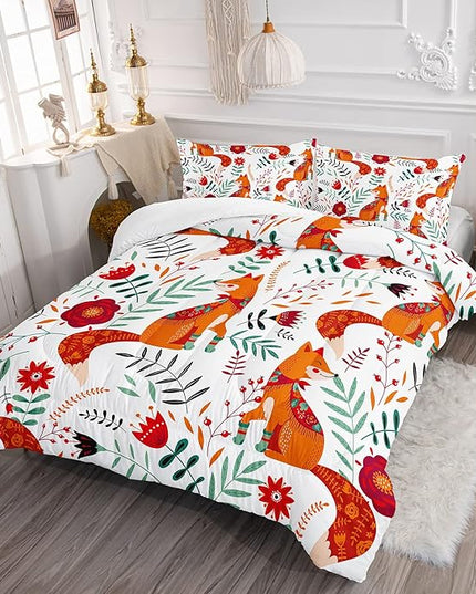 Cartoon Fox Comforter Set 3-Pieces Cute Fox Bedding Set Plants Leaves Printed Quilt Set for Kids Boys Girls with 2 Pillowcases Twin - LeafyLoom