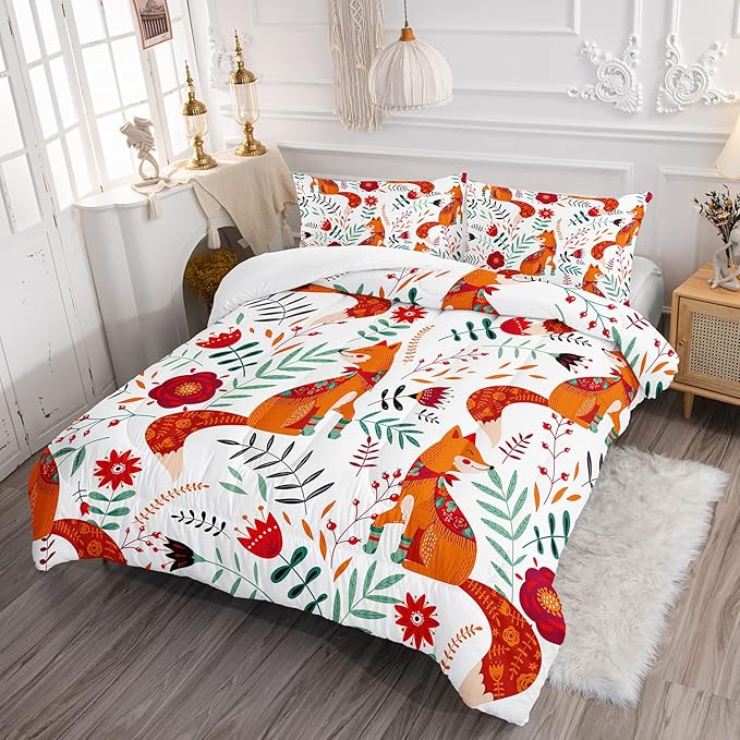 Cartoon Fox Comforter Set 3-Pieces Cute Fox Bedding Set Plants Leaves Printed Quilt Set for Kids Boys Girls with 2 Pillowcases Queen - LeafyLoom