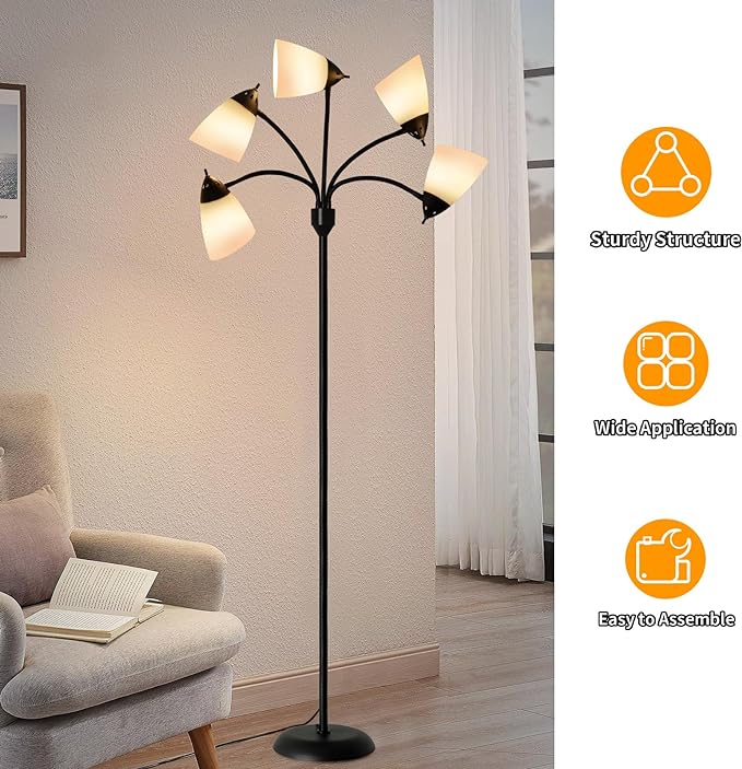 DINGLILIGHTING Floor Lamp Tall for Room: Flexible Gooseneck Floor Lamps Standing for Bedroom Home Office - Modern Floor Lights 5-Light - LeafyLoom