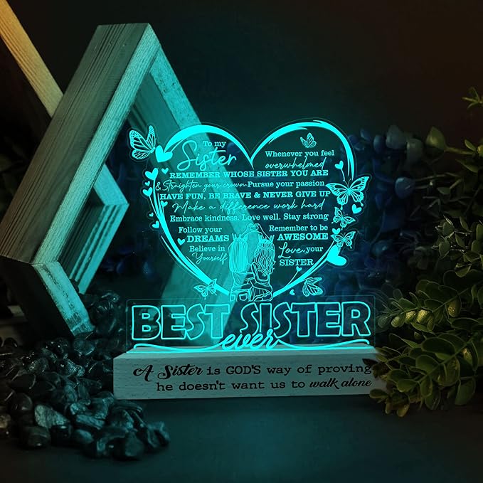 Sister Gifts from Sisters, to My Sister 3D Illusion Lamp, Best Sister Ever Acrylic Night Light, Sister Birthday Gifts from Brothers, Gift for Sister on Wedding Anniversary Christmas Valentine - LeafyLoom