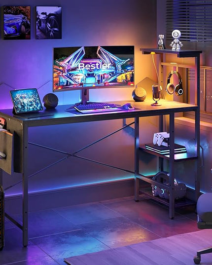 Bestier Gaming Desk with LED Lights, Computer Desk with 4 Tiers Reversible Shelves, 51.3 Inch Home Office Writing Desk with Side Storage Bag, Hooks and Height Adjustable Shelf (Black Grained) - LeafyLoom