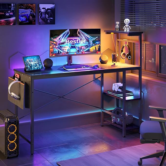 Bestier Gaming Desk with LED Lights, Computer Desk with 4 Tiers Reversible Shelves, 51.3 Inch Home Office Writing Desk with Side Storage Bag, Hooks and Height Adjustable Shelf (Black Grained) - LeafyLoom