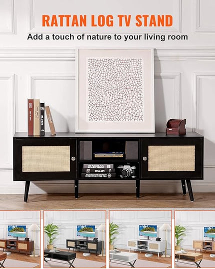 VEVOR Rattan TV Stand for 65 inch TV, Boho TV Stand with Rattan Door, Entertainment Center with Build-in Socket and USB Ports, Modern TV Console for Living Room, Media Room, Black - LeafyLoom