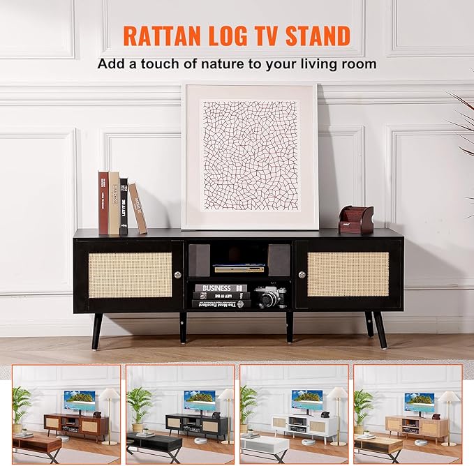 VEVOR Rattan TV Stand for 65 inch TV, Boho TV Stand with Rattan Door, Entertainment Center with Build-in Socket and USB Ports, Modern TV Console for Living Room, Media Room, Black - LeafyLoom