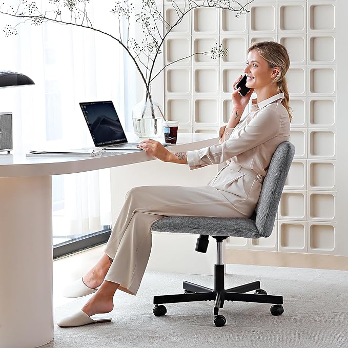 LEAGOO Cross Legged Office Chair, Armless Wide Desk Chair with Wheels, 120° Rocking Mid Back Ergonomic Computer Task Vanity Chairs with Height adiust, for Home, Office, Make up, Small Space, Dark gray - LeafyLoom