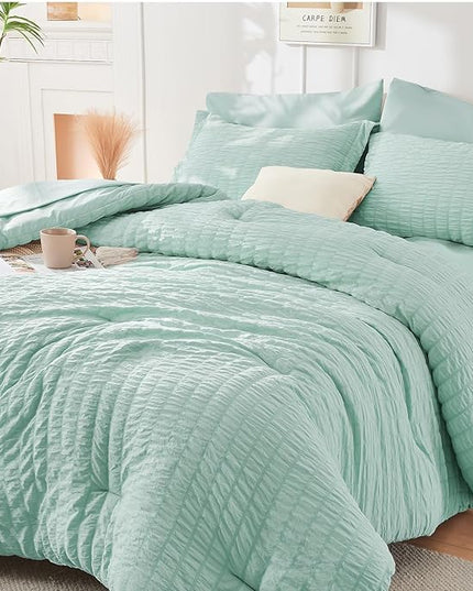HYMOKEGE Seersucker Twin Comforter Set 3 Pieces, Lightweight Comforter Sets for Bedding, Bed Set with 1 All Season Soft Down Alternative Comforter and 2 Pillow Shams, Sage Green - LeafyLoom