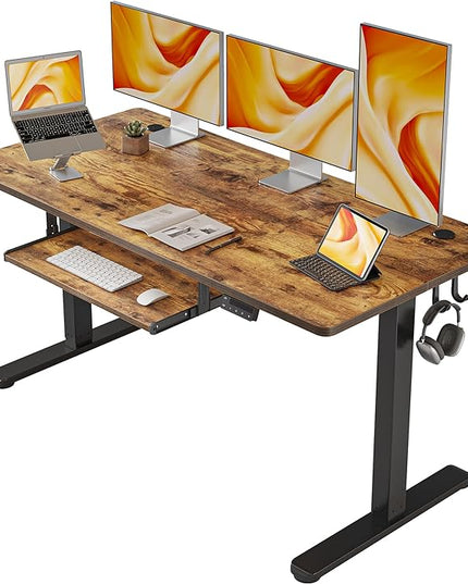 FEZIBO Standing Desk with Keyboard Tray, 55 × 24 Inches Electric Height Adjustable Desk, Sit Stand Up Desk, Computer Office Desk, Rustic Brown - LeafyLoom