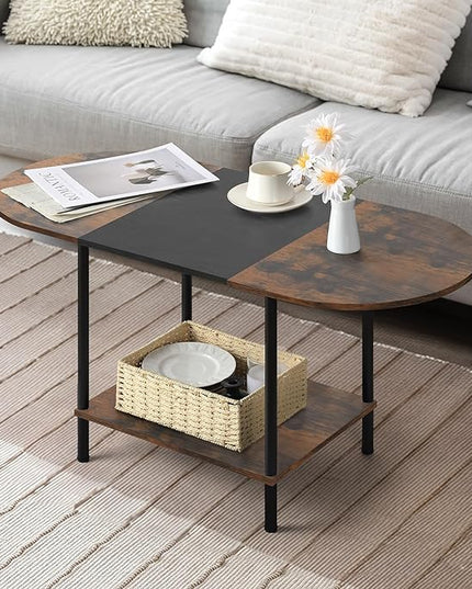 Coffee Tables for Living Room,2-Tier Small Coffee Table Farmhouse Oval Center Table with Storage Shelf and Wood Tabletop,for Small Space,Home Office,Black & Brown - LeafyLoom