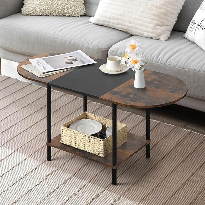 Coffee Tables for Living Room,2-Tier Small Coffee Table Farmhouse Oval Center Table with Storage Shelf and Wood Tabletop,for Small Space,Home Office,Black & Brown - LeafyLoom