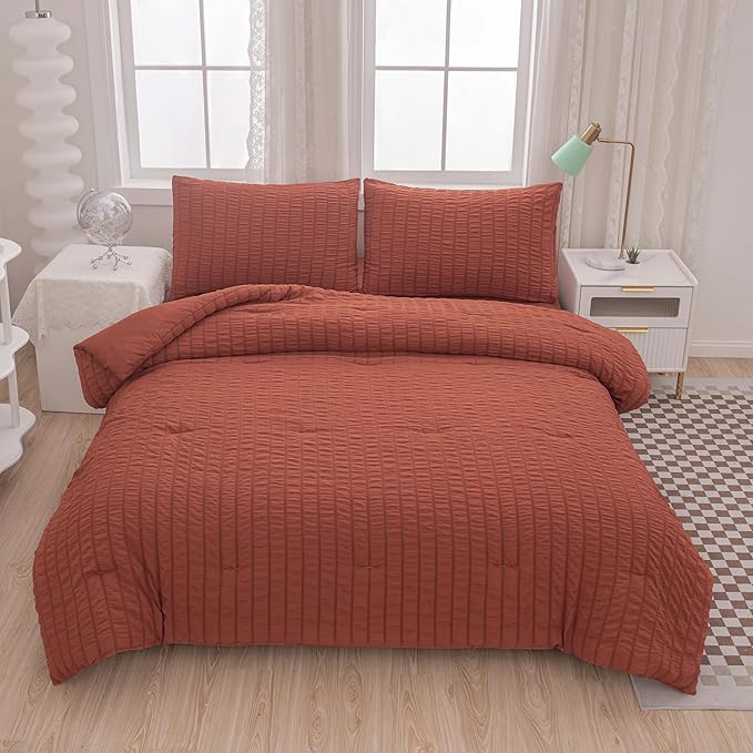 Burnt Orange Comforter Set Queen,Queen Sized Comforter Bedding Set, Burnt Orange Terracotta Bedding Set Queen Size,5 Pcs Lightweight Microfiber Bed Set - LeafyLoom