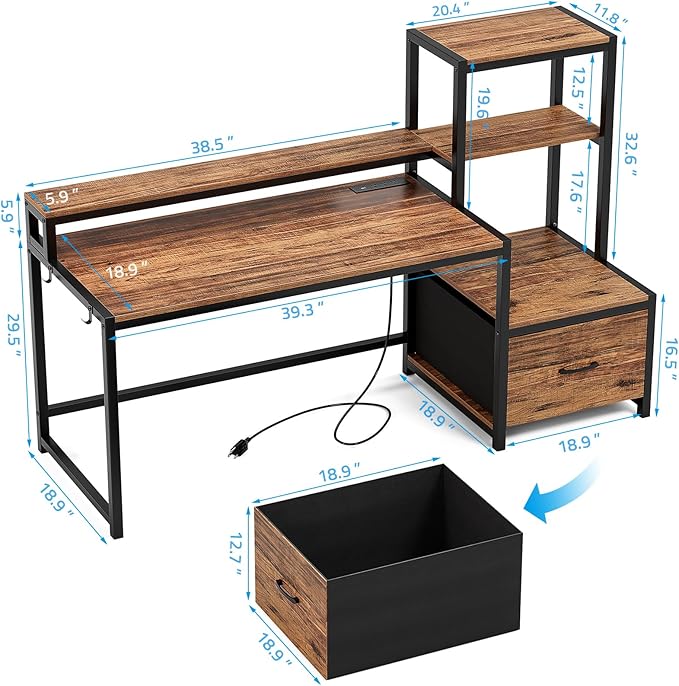 GreenForest Computer Desk with Drawer and Printer Shelf, 59 inch Home Office Desk with LED Lights and Power Outlets, Desk with Storage for Study Gaming Working, Walnut - LeafyLoom