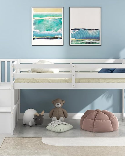 Bellemave Low Loft Bed for Kids,Twin Size Loft Bed with Storage Staircase,Wood Loft Bed Frame for Boys Girls Teens(White) - LeafyLoom