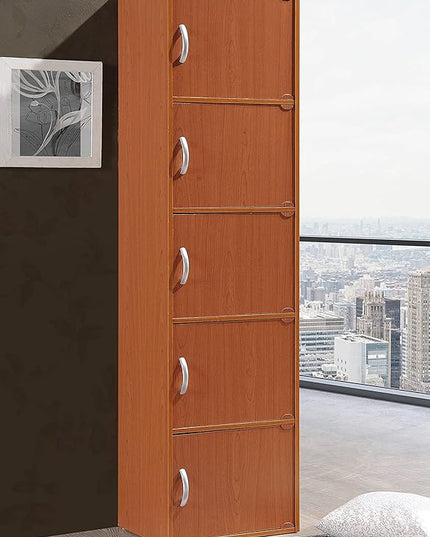 HODEDAH 5 Door Bookcase Cabinet, Cherry - LeafyLoom