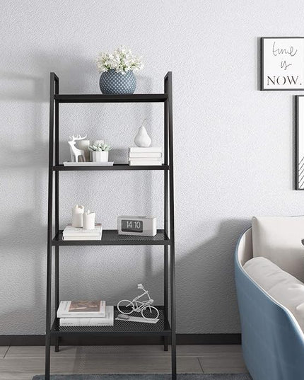4-Tier Metal Ladder Shelf, Black Ladder Bookshelf Multifunctional Ladder-Shaped Plant Flower Stand Industrial Organizer Rack Storage Shelves for Living Room, Bedroom, Office - LeafyLoom