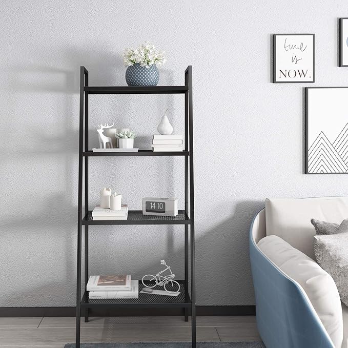 4-Tier Metal Ladder Shelf, Black Ladder Bookshelf Multifunctional Ladder-Shaped Plant Flower Stand Industrial Organizer Rack Storage Shelves for Living Room, Bedroom, Office - LeafyLoom