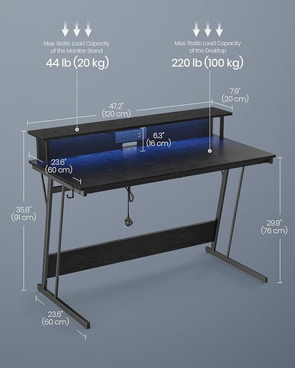 VASAGLE LED Gaming Desk with Power Outlets, Computer Desk with USB Ports, Office Desk with Monitor Stand for 2 Monitors, with Hooks, for Bedroom, 23.6 x 47.2 x 29.5 Inches Ebony Black ULWD092B56 - LeafyLoom