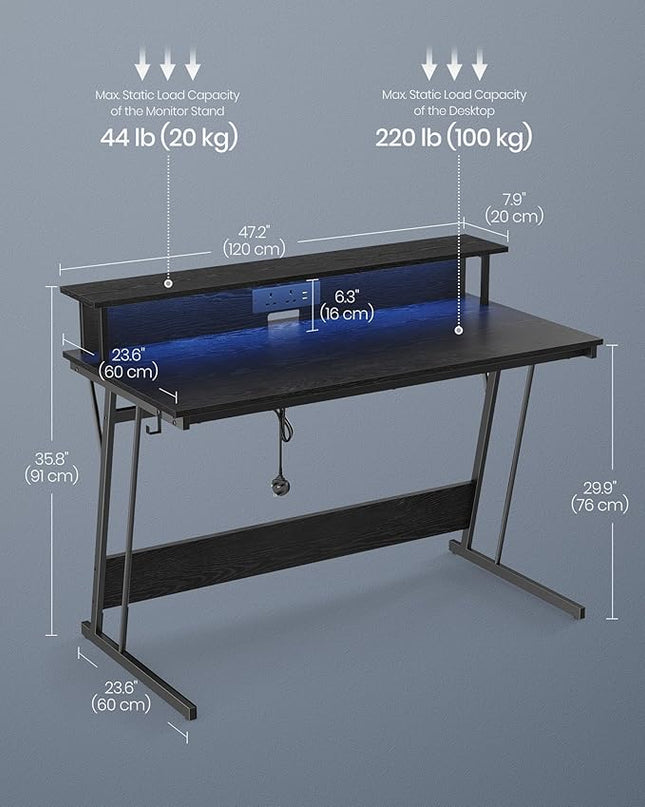 VASAGLE LED Gaming Desk with Power Outlets, Computer Desk with USB Ports, Office Desk with Monitor Stand for 2 Monitors, with Hooks, for Bedroom, 23.6 x 47.2 x 29.5 Inches Ebony Black ULWD092B56 - LeafyLoom
