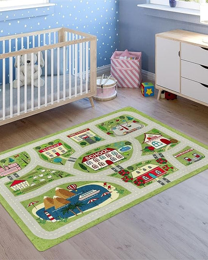 LIVEBOX Green Kids Rug for Kids Room, 3'x5' Washable Road Rug for Playroom, Non-Slip Soft Toy Car Rug for Baby Nursery, Small City Traffic Playmat for Boys Girls Dorm Bedroom Tent - LeafyLoom