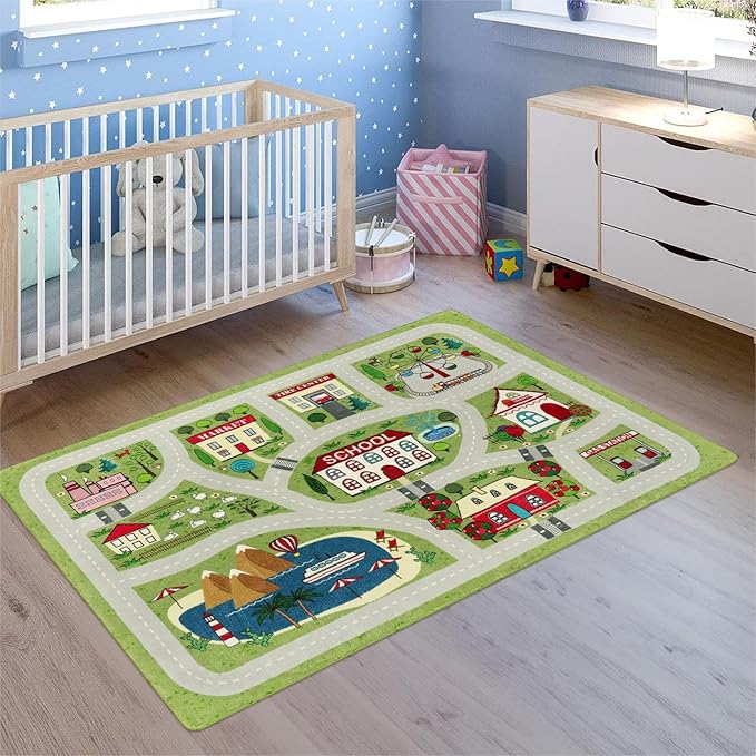 LIVEBOX Green Kids Rug for Kids Room, 3'x5' Washable Road Rug for Playroom, Non-Slip Soft Toy Car Rug for Baby Nursery, Small City Traffic Playmat for Boys Girls Dorm Bedroom Tent - LeafyLoom