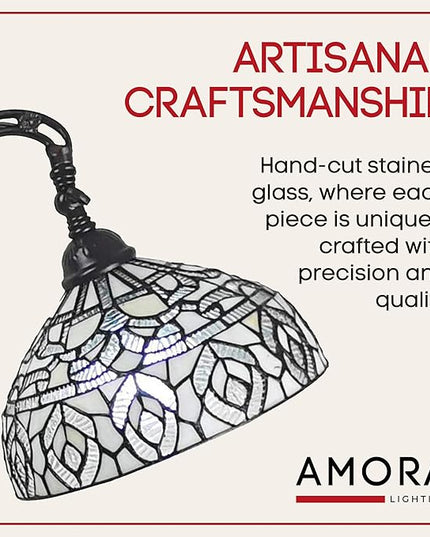 Amora Tiffany Floor Lamp - Arched, Stained Glass 62” with Foot Switch Operation and Adjustable Lamp Shade - Custom Handcrafted Floor Lamps for Living Room in White Mahogany Traditional Peacock - LeafyLoom