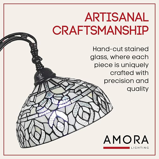 Amora Tiffany Floor Lamp - Arched, Stained Glass 62” with Foot Switch Operation and Adjustable Lamp Shade - Custom Handcrafted Floor Lamps for Living Room in White Mahogany Traditional Peacock - LeafyLoom
