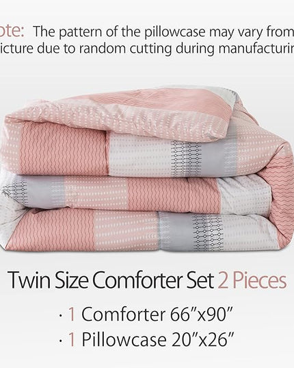 Andency Stripe Comforter Set Twin Size (66x90 Inch), 2 Pieces Pink Patchwork Striped Comforter, Soft Microfiber Down Alternative Comforter Bedding Set with Corner Loops - LeafyLoom