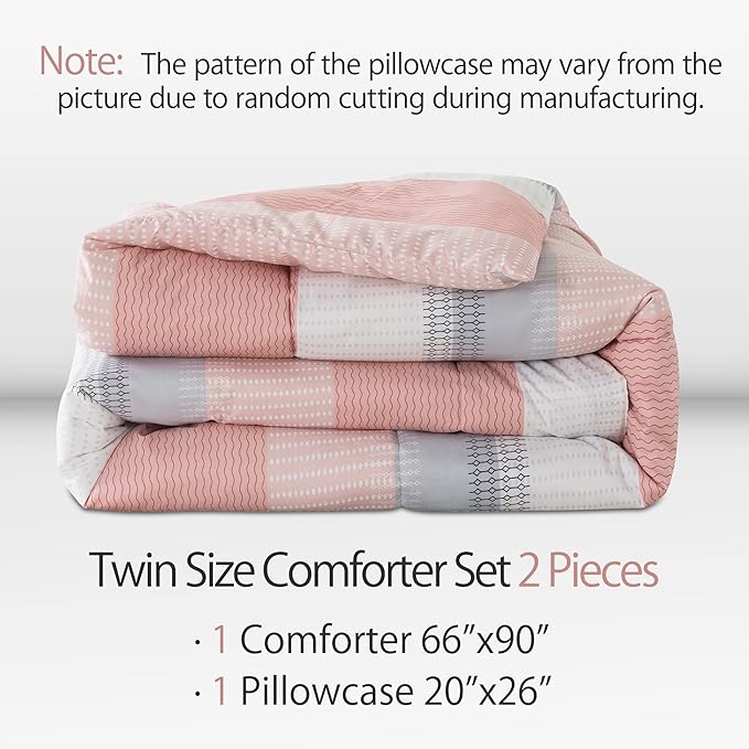Andency Stripe Comforter Set Twin Size (66x90 Inch), 2 Pieces Pink Patchwork Striped Comforter, Soft Microfiber Down Alternative Comforter Bedding Set with Corner Loops - LeafyLoom
