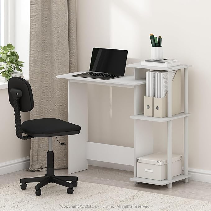 Furinno Efficient Computer Desk, Square Side Shelf, White/White - LeafyLoom