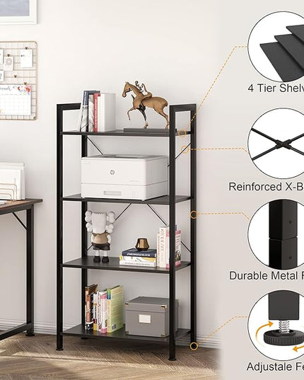 VERMESS Industrial Bookshelf, 4-Tier 24inch Black Shelving Unit Wood Bookcase with Open Shelves, Rustic Standing Bookshelves Metal Frame Display Rack for Living Room,Bedroom, 24 * 11.8 * 47.2inch - LeafyLoom