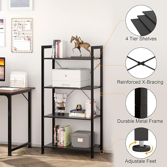 VERMESS Industrial Bookshelf, 4-Tier 24inch Black Shelving Unit Wood Bookcase with Open Shelves, Rustic Standing Bookshelves Metal Frame Display Rack for Living Room,Bedroom, 24 * 11.8 * 47.2inch - LeafyLoom