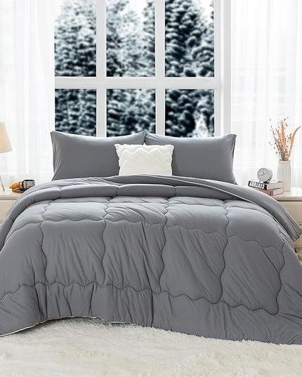 COTTEBED Ultra-Soft Warm Comforter Set Queen/Full Size Bed, Thick Milk Cup Breathable Fluffy Bedding Down Alternative & Pillowcase for Man Women Girl Winter Dark Grey - LeafyLoom
