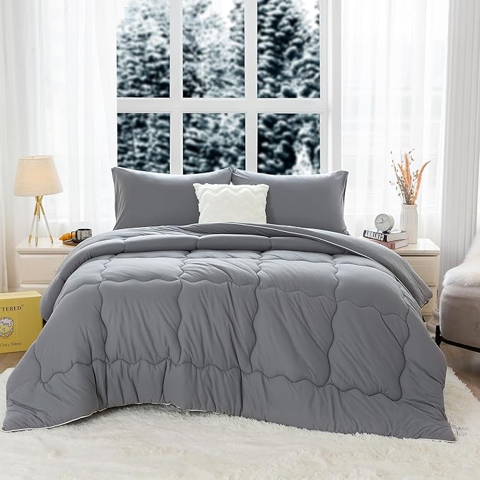 COTTEBED Ultra-Soft Winter King Size Comforter Set, Warm California Cal King Thick Milk Cup Cozy Fully Breathable Bedding 1 Down Alternative with 2 Pillowcase for Winter, Dark Gray - LeafyLoom