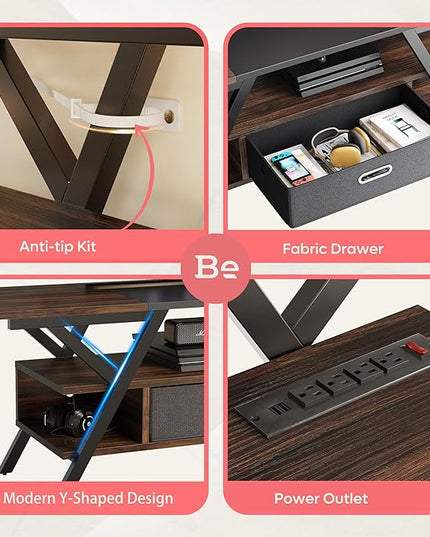 Bestier 70 Inch Gaming Tv Stands for Living Room with Power Outlet for TVs up to 75", Black Entertainment Center with Led Lights for Living Room Bedroom. Walnut - LeafyLoom