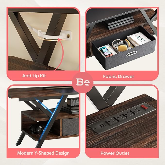 Bestier 70 Inch Gaming Tv Stands for Living Room with Power Outlet for TVs up to 75", Black Entertainment Center with Led Lights for Living Room Bedroom. Walnut - LeafyLoom