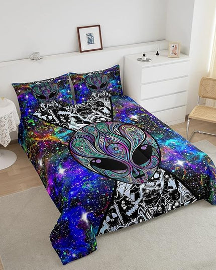 Feelyou Alien Printed Comforter Kids Galaxy Outer Space Themed Bedding Set Boys Girls Trippy Alien Hippie Skull Decor Comforter Set Colorful Tie Dye Quilted Duvet Bedroom Bed Set Full Size… - LeafyLoom