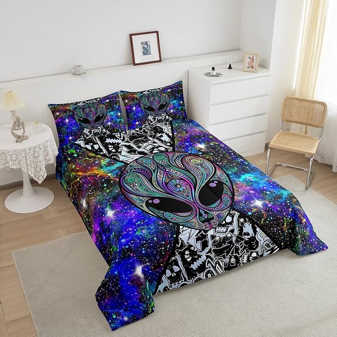 Feelyou Alien Printed Comforter Kids Galaxy Outer Space Themed Bedding Set Boys Girls Trippy Alien Hippie Skull Decor Comforter Set Colorful Tie Dye Quilted Duvet Bedroom Bed Set Full Size… - LeafyLoom