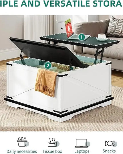 YITAHOME Farmhouse Lift Top Coffee Table, Square Wood Center Table with Large Hidden Storage Compartment for Living Room, Rustic Cocktail Table with Lift Top for Home Office,White - LeafyLoom