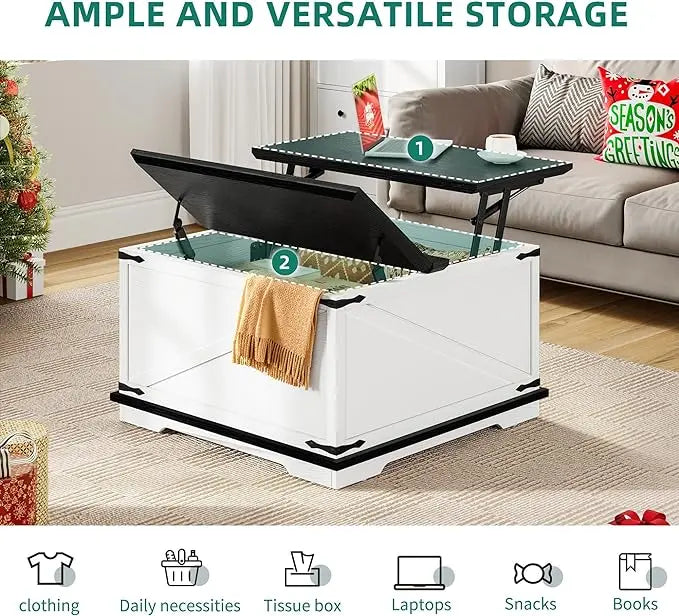 YITAHOME Farmhouse Lift Top Coffee Table, Square Wood Center Table with Large Hidden Storage Compartment for Living Room, Rustic Cocktail Table with Lift Top for Home Office,White - LeafyLoom