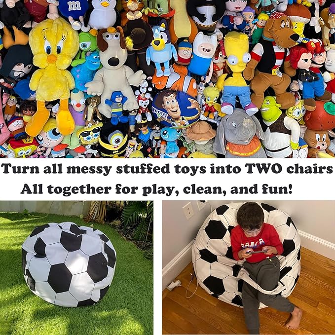 2 Packs Stuffed Animal Storage Beanbag Cover 24" Bean Bag Storage for Kids Girs Boys Room Toys Organizer Heavy-duty Zipper Bean Bag Chair Covers Only, Soccor Print - LeafyLoom