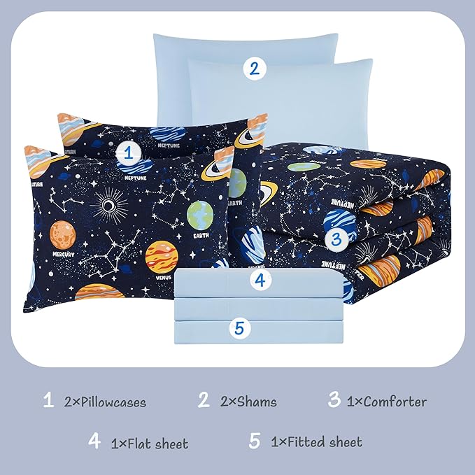 Full Size Comforter Sets - Bedding Sets Full 7 Pieces, Glow in The Dark Bed in A Bag Full, Lightweight Space Bedding Sets for Kids, Teens - LeafyLoom