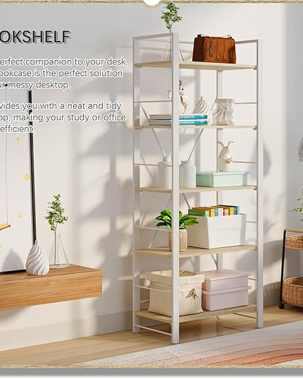 4NM Bookshelf Industrial Bookcase 5 Tier Home Office Adjustable Bookshelves Storage Shelves Organizer Vintage Book shelf Display Rack for Living Room, Bedroom,Home - Natural - LeafyLoom