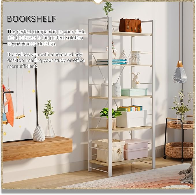 4NM Bookshelf Industrial Bookcase 5 Tier Home Office Adjustable Bookshelves Storage Shelves Organizer Vintage Book shelf Display Rack for Living Room, Bedroom,Home - Natural - LeafyLoom