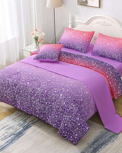 JQinHome Pink Purple Comforter Set Full/Queen Size, 6 Piece Bed in A Bag 3D Colorful Bedding Set for Girls Women (1 Comforter,2 Pillowcases,1 Flat Sheet,1 Fitted Sheet,1 Cushion Cover) - LeafyLoom