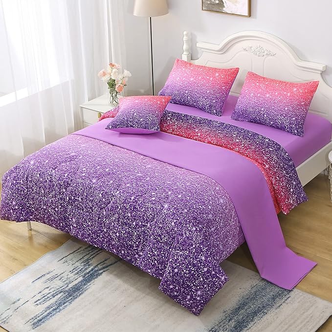 JQinHome Twin Pink Purple Comforter Set, 6 Piece Bed in A Bag 3D Colorful Bedding Set for Girls kids (1 Comforter,2 Pillowcases,1 Flat Sheet,1 Fitted Sheet,1 Cushion Cover)(Pink Purple) - LeafyLoom