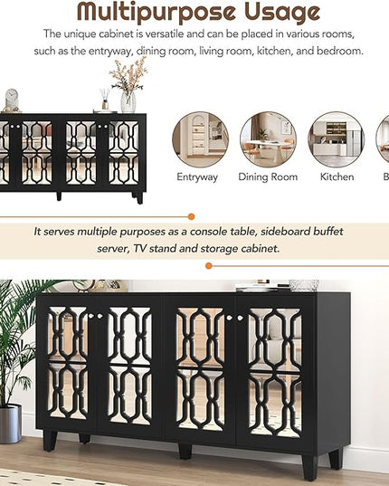 Merax Buffet Cabinet with Adjustable Shelves, 4-Door Mirror Hollow-Carved TV Stand for Television Up to 65 inches, Multi-Functional Console Table with Storage Credenza for Living Room, Black - LeafyLoom