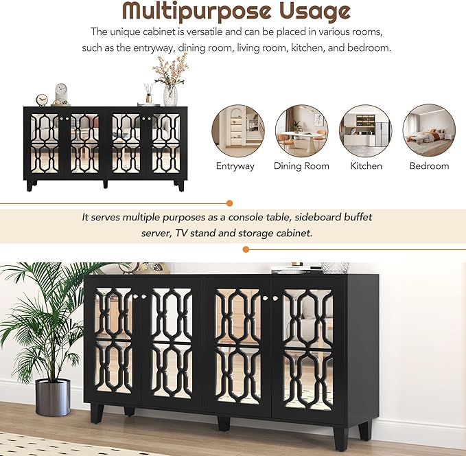 Merax Buffet Cabinet with Adjustable Shelves, 4-Door Mirror Hollow-Carved TV Stand for Television Up to 65 inches, Multi-Functional Console Table with Storage Credenza for Living Room, Black - LeafyLoom
