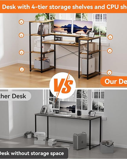63-Inch Industrial Home Office Desk with Bookshelf, Gaming Computer Desk with Monitor Stand and Printer Shelf for Study, Writing, PC Work - LeafyLoom