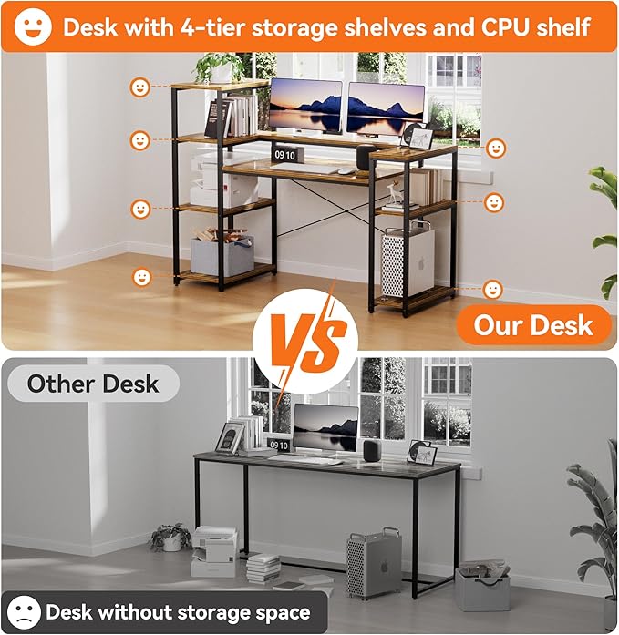 63-Inch Industrial Home Office Desk with Bookshelf, Gaming Computer Desk with Monitor Stand and Printer Shelf for Study, Writing, PC Work - LeafyLoom