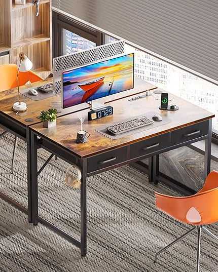 AODK 40 Inch Small Computer Desk with 3 Fabric Drawers, Office Desk with USB/Type-C Charging Ports & Power Outlets, Vanity Desk with Iron Hook for Bedroom, Study/Writing/Work Table for Bedroom,Vintage - LeafyLoom